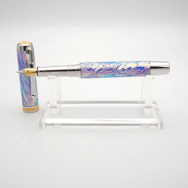 Fountain Pen, Handmade Acrylic Pen in Rhodium and 22k with Frost Opal Acrylic