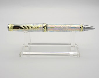 Ballpoint Pen, Handmade Twist Pen in Chrome and 24k Gold with Moon Glow Opal Resin