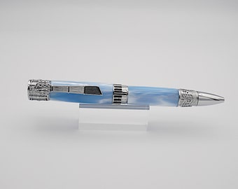 Acrylic Ballpoint, Pen Handmade Music Pen in Chrome and Sky Blue Pearl Resin