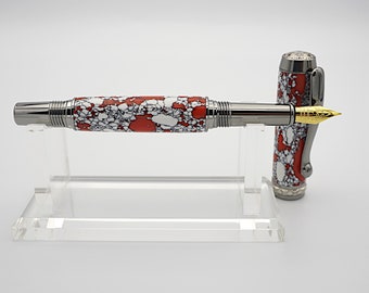 Fountain Pen, Handmade Pen in Black Titanium and Platinum with Red Agate Tru-Stone