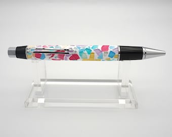 Ballpoint Pen, Handmade EDC Click Top Pen with Chrome and Black Enamel and Stained Glass Resin