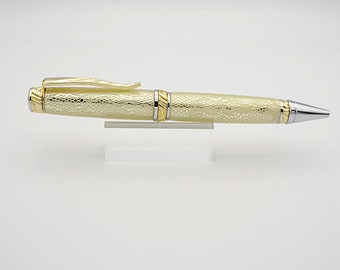 Ballpoint Pen, Handmade Twist Pen in 24k Gold and Chrome with Embossed Leather