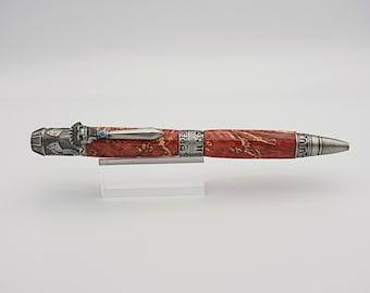 Ballpoint Pen, Mayan Twist Pen in Antique Pewter and Red Box Elder Burl