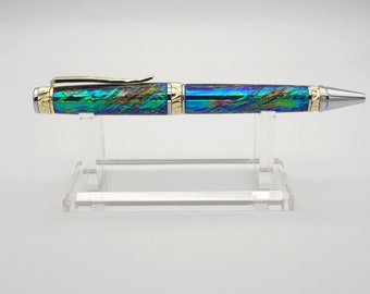 Ballpoint Pen, Handmade Twist Pen in Chrome and 24k Gold with Night Opal Resin