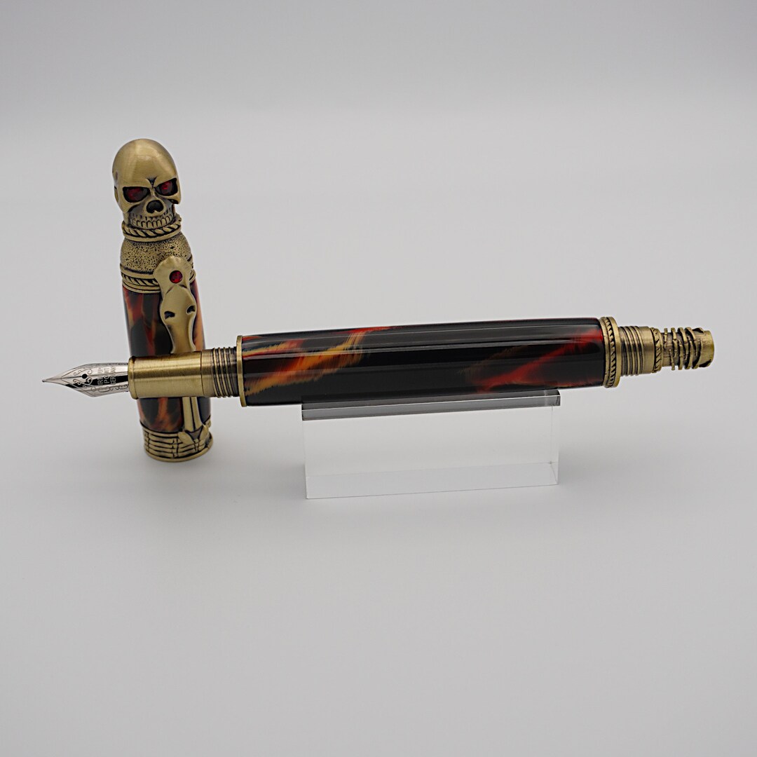 Skull Fountain Pen in Antique Brass and Flaming Forge Resin - Etsy