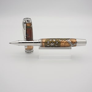 Rollerball Pen, Steampunk Style Pen in Rhodium and Black Titanium with Watch Face in Acrylic image 1