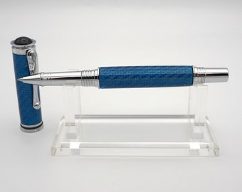 Rollerball, Handmade in Chrome with Blue Woven Carbon Fiber in Acrylic
