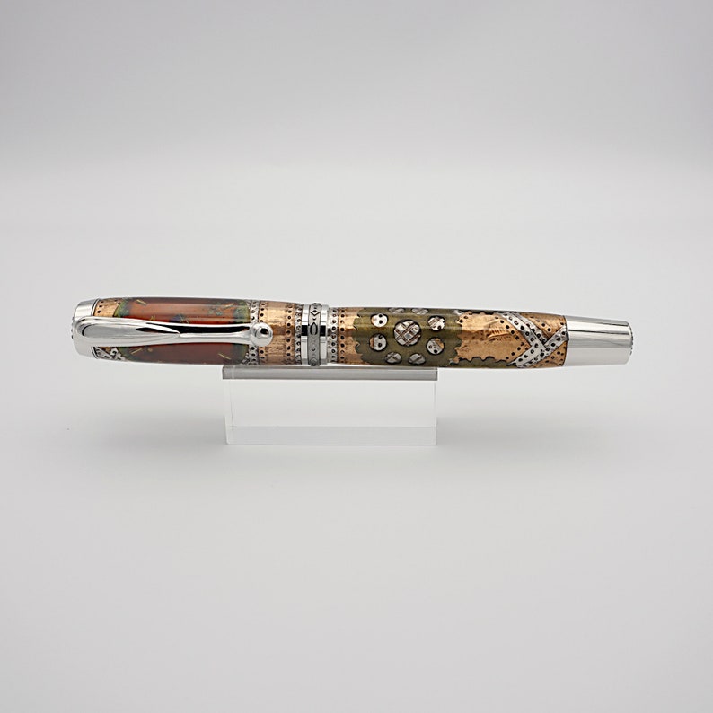 Rollerball Pen, Steampunk Style Pen in Rhodium and Black Titanium with Watch Face in Acrylic image 5