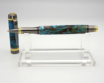 Rollerball, Handmade Pen in 24k Gold and Gunmetal with Choppy Waters Acrylic