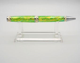 Ballpoint Pen, Handmade Twist Pen in Chrome and 24k Gold  with Forest Opal Resin