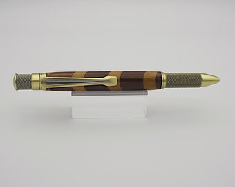 Ballpoint Pen, Industrial Wooden Pen in Antique Brass and Laminate Wood