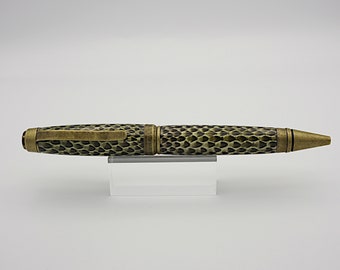 Ballpoint Pen, Handmade Twist Pen in Antique Brass with Brown Snake Embossed Leather