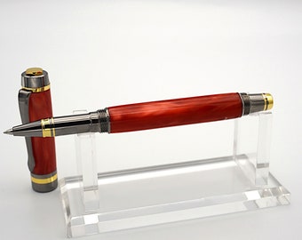 Rollerball, Handmade in 24k Gold and Gunmetal with Red Cherry Italian Resin