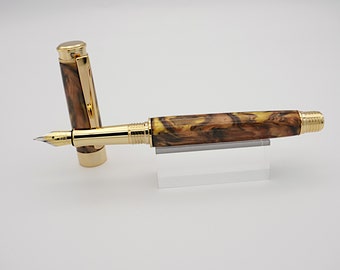 Fountain Pen, Acrylic Pen in Gold and Metal Works Alumilite