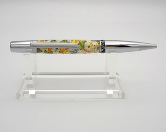 Ballpoint Pen, Handcrafted Twist Pen in Chrome and Satin Chrome with Italian Art Paper in Acrylic