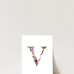 Letter V Pressed Flower Art PRINT | 8x10 Giclee Print on Fine Art Paper | Unique Monogram Pressed Flower Artwork | Botanical Wall Art