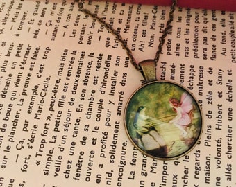 Glass Cabochon Pendant with Fairy and Frog, Cottagecore Fairycore Goblincore Dark Academia