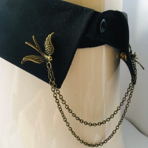 Bronze Swallow Collar Pin with Chains: Gothic Dandy Lapel Pin
