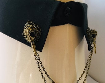 Bronze Raven Skull Collar Pin: Gothic Victorian Lapel Chain