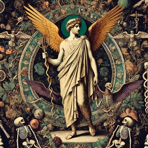 以下が含まれることがあります： 翼と杖を持った、ギリシャの伝令の神、ヘルメスのカラフルで詳細なイラスト。画像は、蛇、頭蓋骨、鳥など、さまざまなシンボルとイメージに囲まれています。