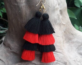Black&Red Tassel Earrings,Black earrings,Red earrings,Hand made earrings,Chandelier earrings.