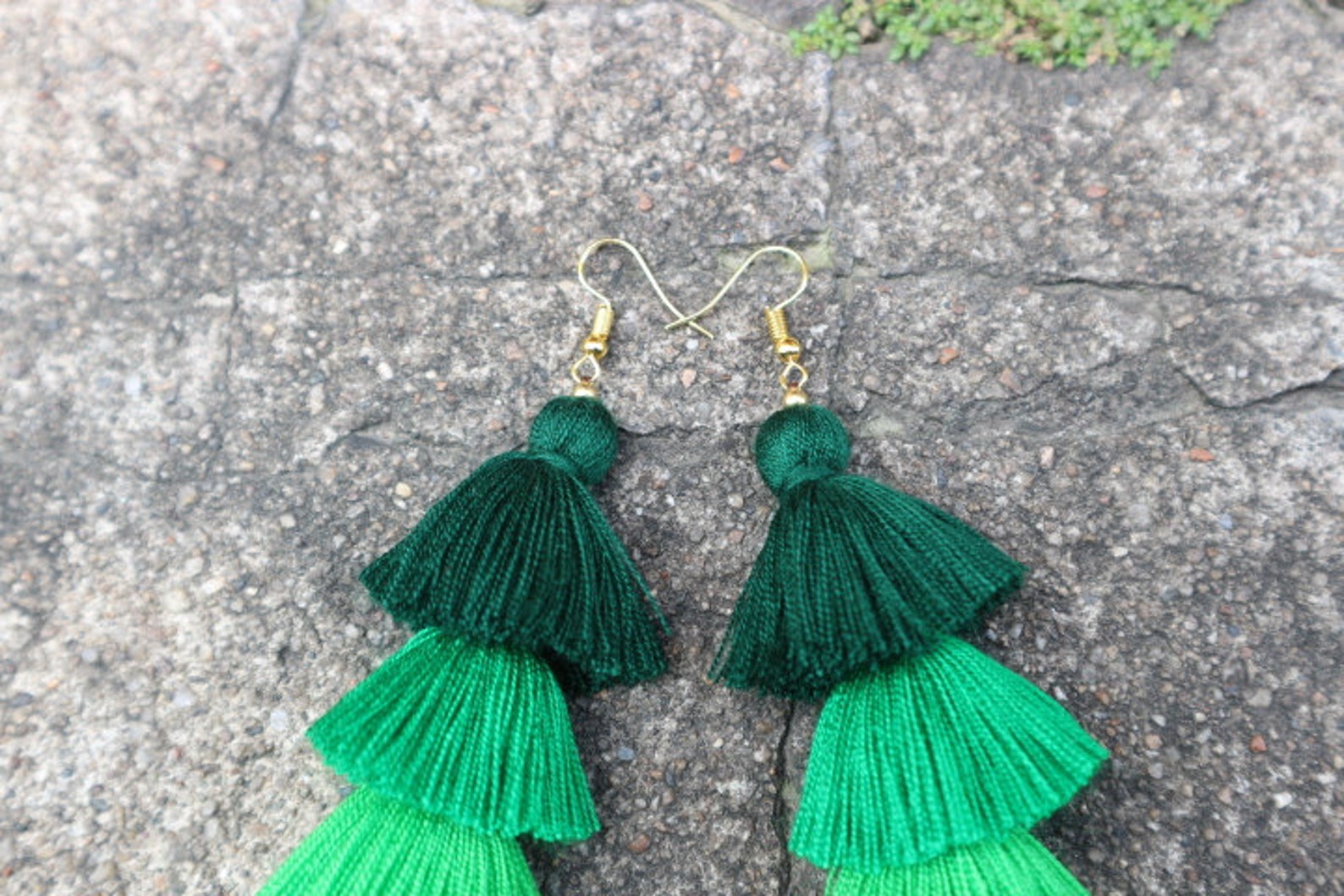 Five Green Tassel Earringsgreen Earringsgreen Tassellayered Etsy