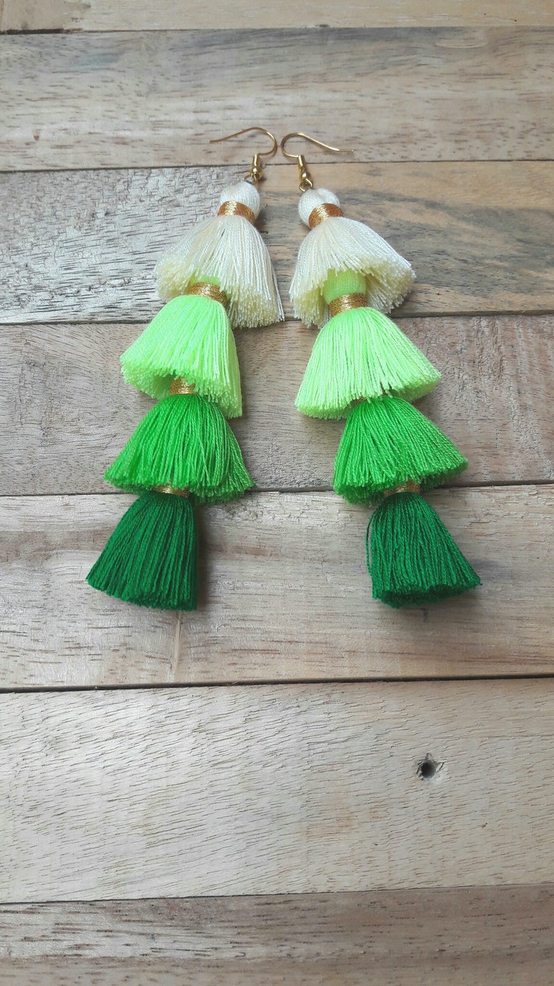 Four Layered EarringsGreen Tassel EarringsBoho earrings. Etsy