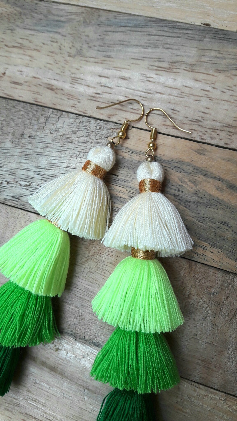 Four Layered EarringsGreen Tassel EarringsBoho earrings. Etsy