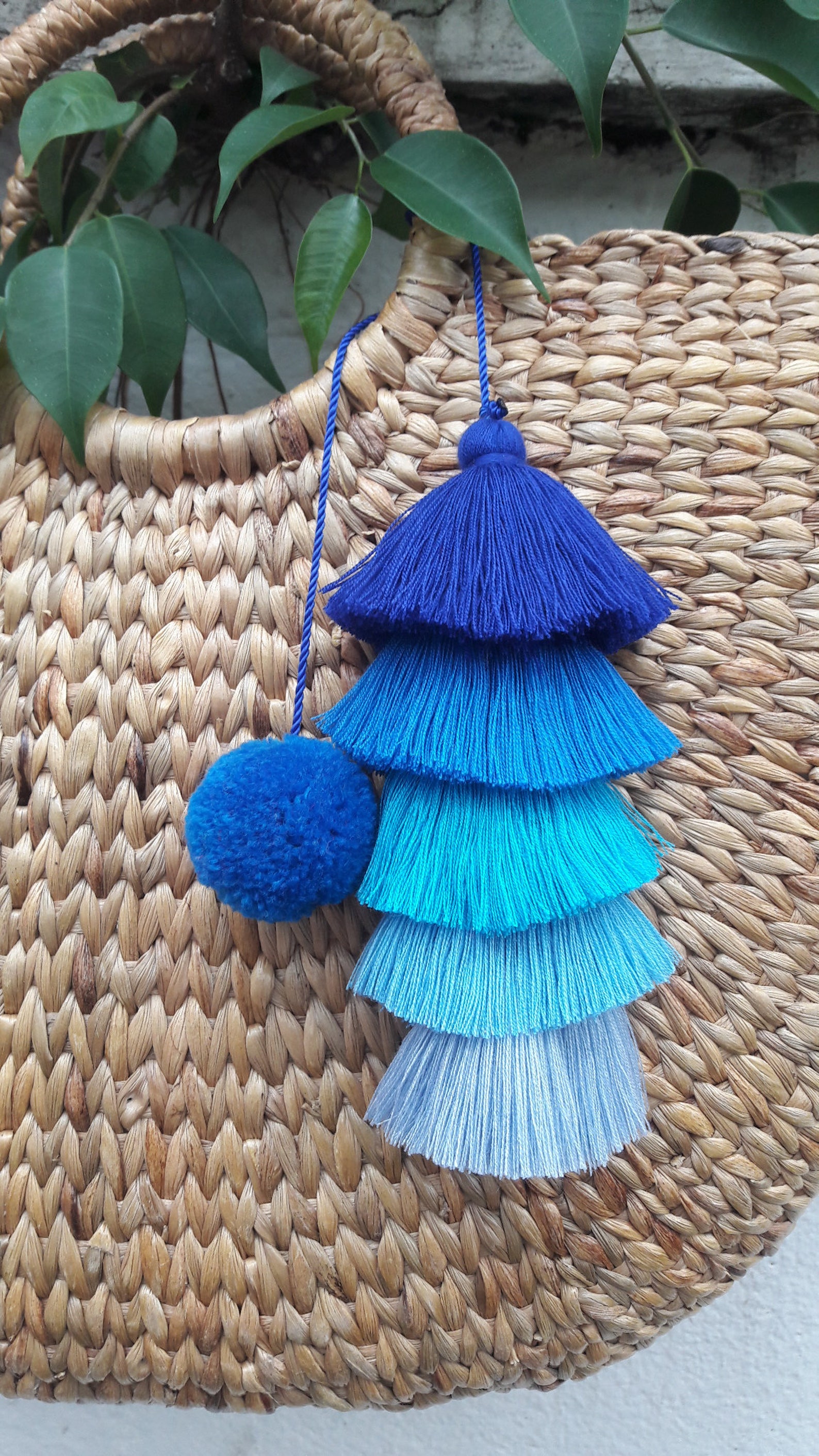 5 Blue Tassel bag Charmtassel Bag Charmpom Pom Bag Etsy
