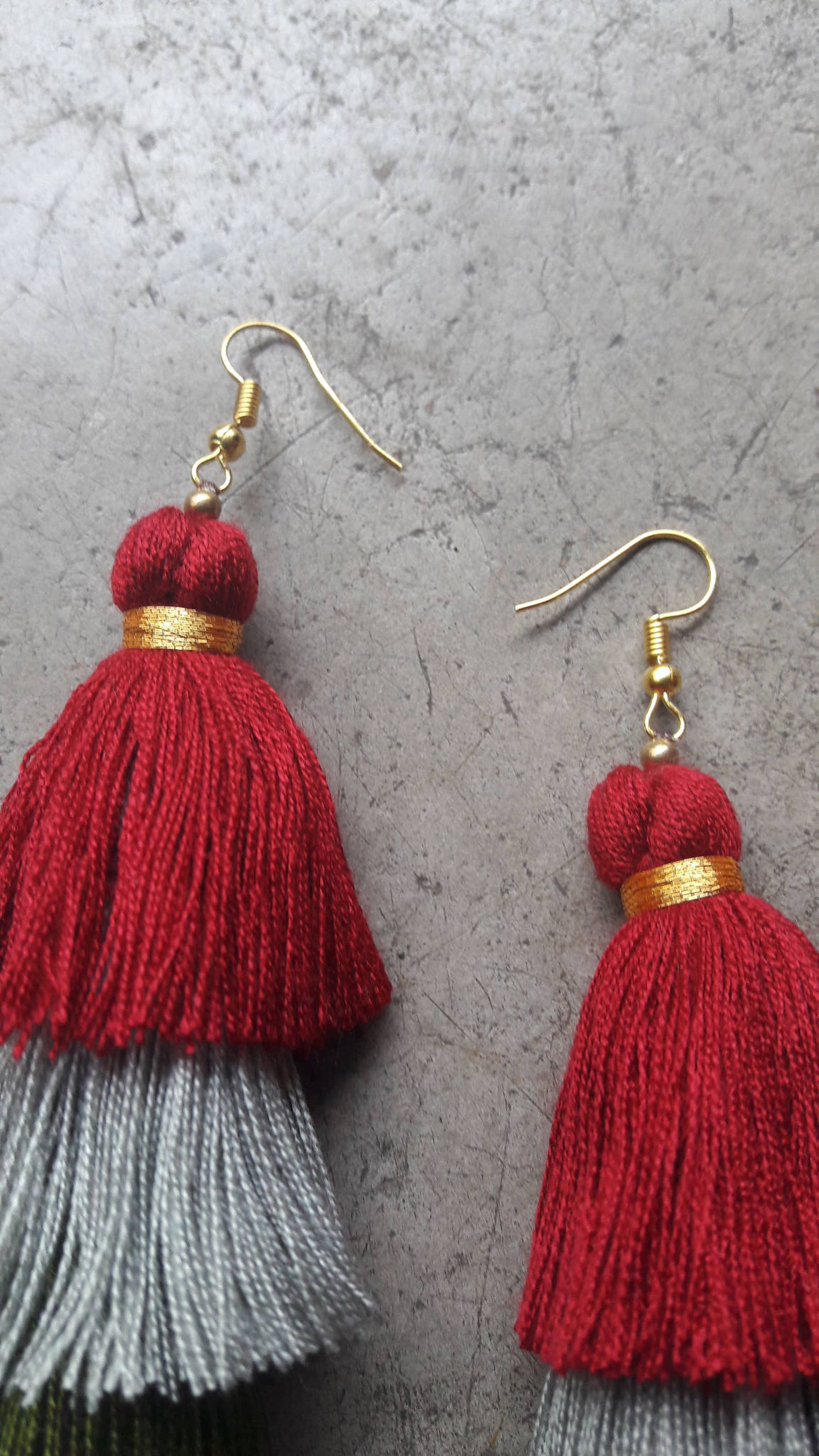 3 Tone Earringstassel Earringsred Tassel Earringsgray Etsy