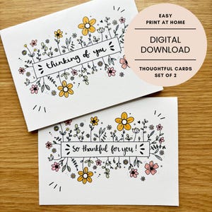 Print at Home Blumen Doodle Karten, 2er-Set, sofortiger digitaler Download, durchdachte Karten