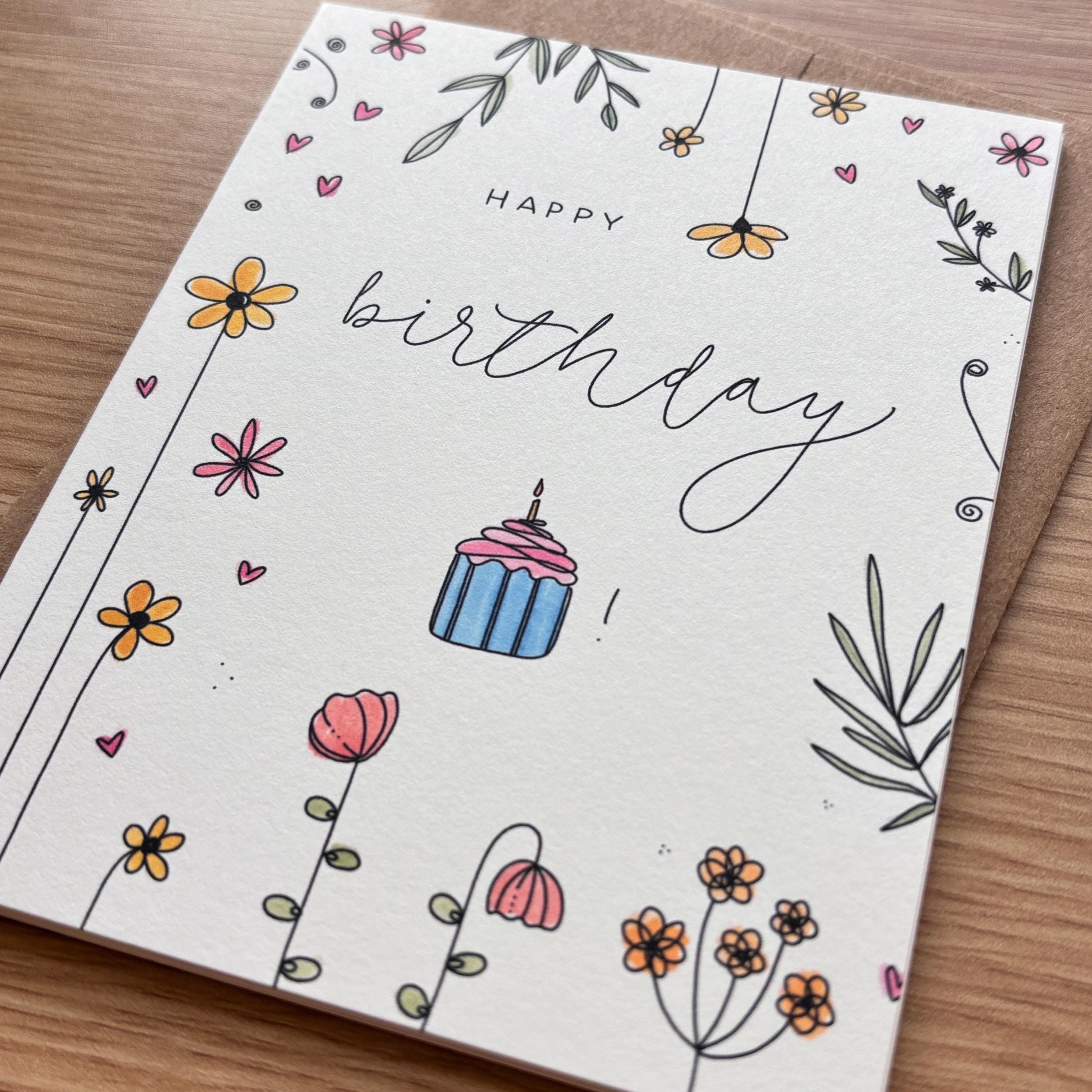 Doodles Birthday Card Happy Birthday Cupcake And Florals Illustration Doodles Birthday Card Happy Birthday Cupcake And Florals Illustration