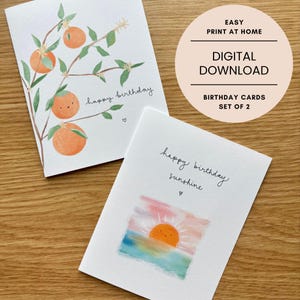 Print at Home Geburtstagskarten, 2er-Set, sofortiger digitaler Download, Orangenbaum-Geburtstagskarte und alles Gute zum Geburtstag-Sonnenschein-Karte