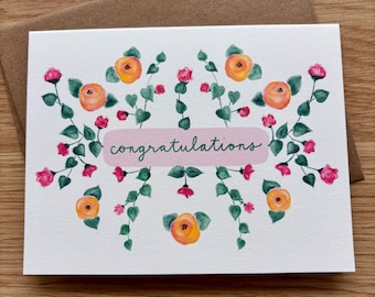 Carte de félicitations : lierre, fleurs et renoncule pêche