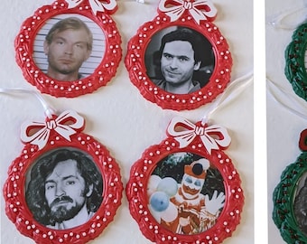 Horror Christmas wreath ornament - Serial Killers- True Crime- stocking stuffer - holiday - slasher - killer - gift