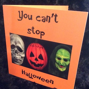 Halloween horror card - greeting card - season of the witch - silver shamrock - masks - Tom Atkins - halloween 3 - costumes