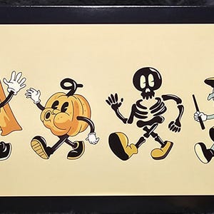 May include: A rectangular Halloween-themed artwork featuring four cartoon characters: a ghost, a pumpkin, a skeleton, and a witch. The characters are in motion, with a vintage cartoon style and a cream-colored background.