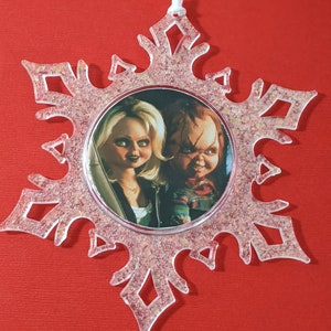 Horror Christmas snowflake ornament -Bride of Chucky- Chucky and Tiffany-horror- Halloween - stocking stuffer  - holiday - gift