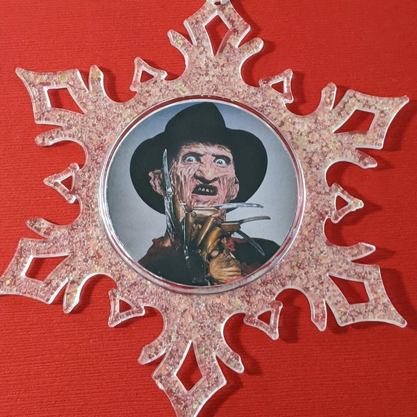 Horror Christmas snowflake ornament - A Nightmare on Elm Street- killer-Freddy Krueger- Halloween - stocking stuffer - holiday - gift