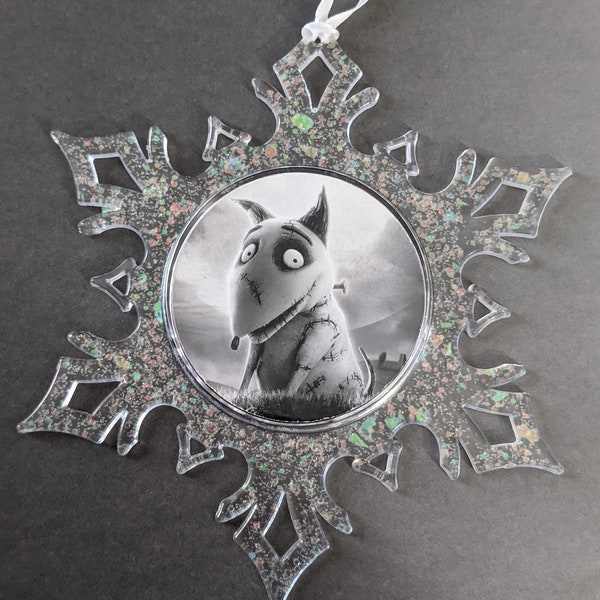 Horror Christmas snowflake ornament - Frankenweenie - Sparky - Halloween - stocking stuffer - holiday