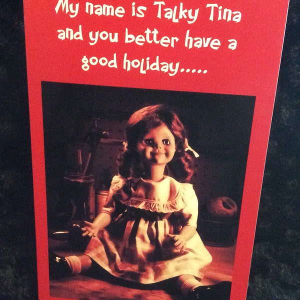 Horror Christmas card - greeting card - halloween - twilight zone - sci-fi - rod serling - happy holidays - 5x7 - talky tina - creepy doll