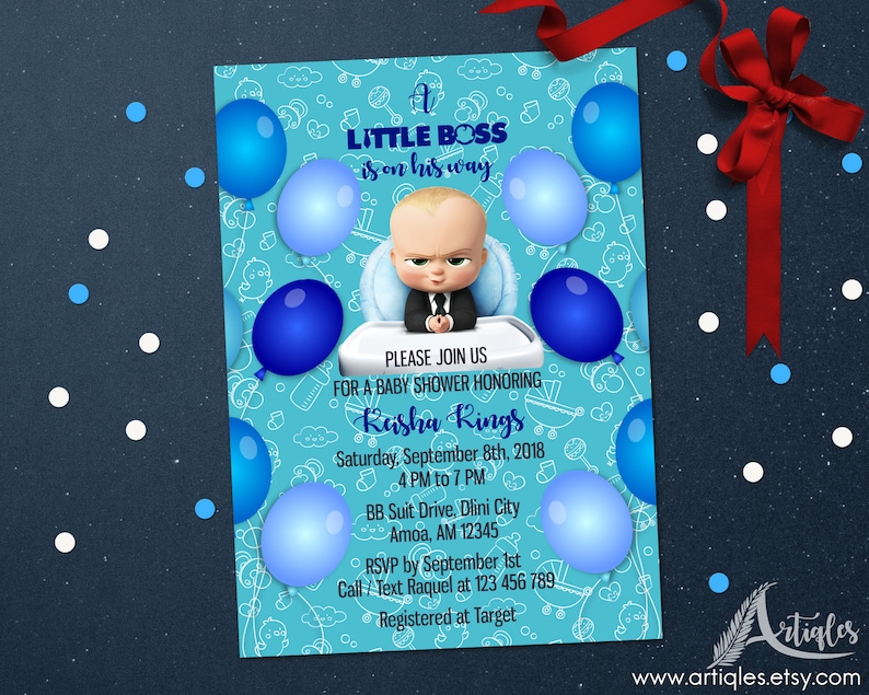 Personalized Boss Baby Invitation Suite Baby Shower Book Request Diaper Raffle Blue Balloons Baby Pattern Printable DIY Digital File