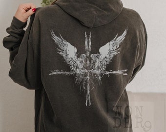 Vintage Angel Wings Cross Hoodie - Comfort Colors Metal Sweatshirt