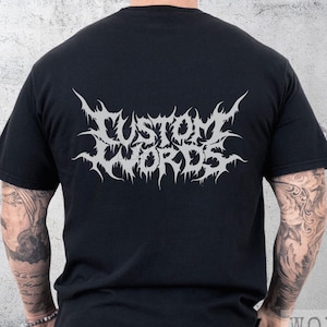 Camiseta personalizada com estampa gótica death metal frontal e traseira, camiseta metaleira personalizada, camiseta desgastada Comfort Colors, personalizada para grupo ou família