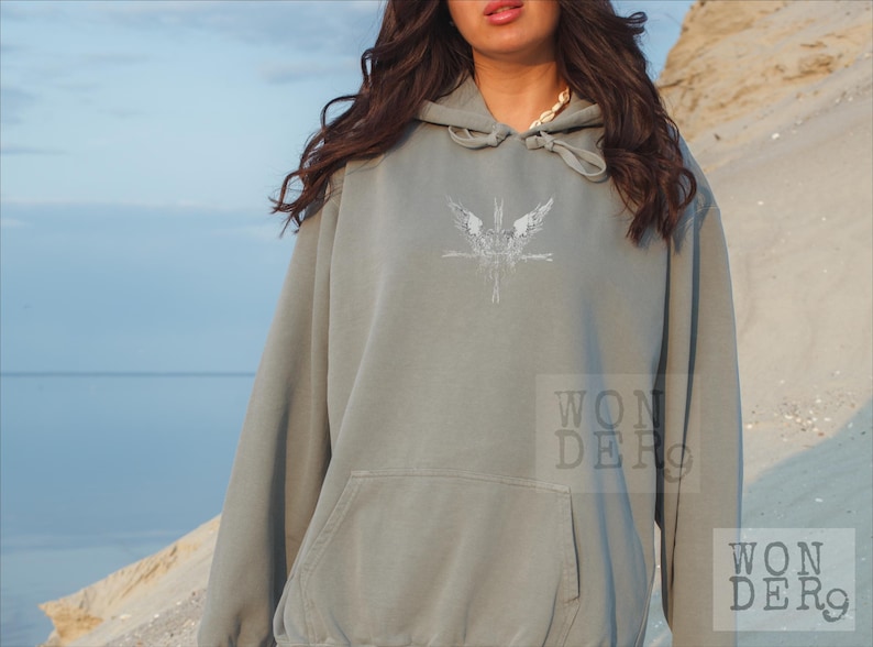 Angels and a Cross Grunge Etched gothic design on a distressed Comfort Colors Premium Quality Hoodie