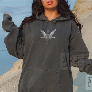 Angels and a Cross Grunge Etched gothic design on a distressed Comfort Colors Premium Quality Hoodie