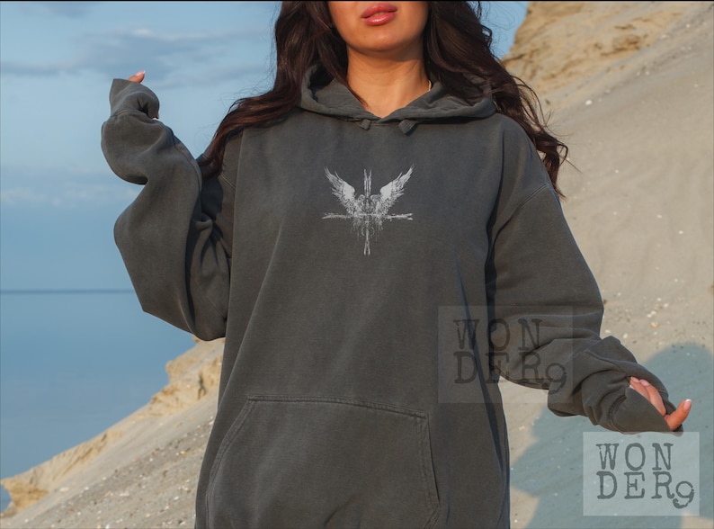 Angels and a Cross Grunge Etched gothic design on a distressed Comfort Colors Premium Quality Hoodie