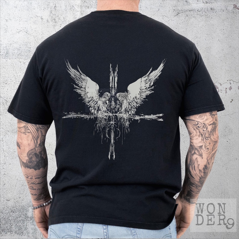 Angels at the Cross grunge style design printed on a Comfort Colors distressed premium quality tee, 100 percent cotton