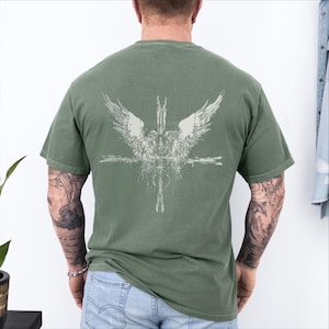 Angels at the Cross grunge style design printed on a Comfort Colors distressed premium quality tee, 100 percent cotton