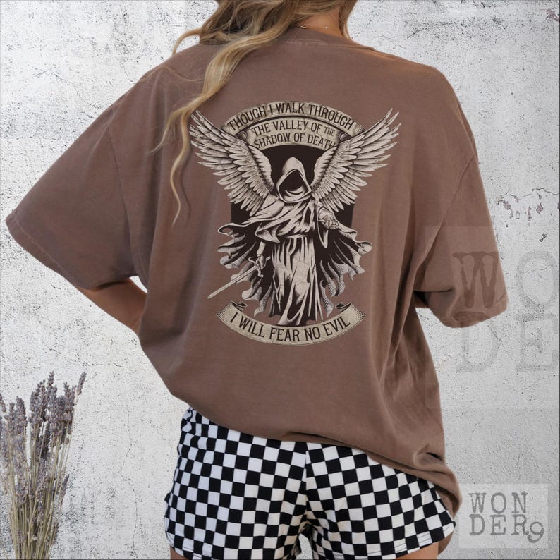 Though I Walk Through the Valley of the Shadow of Death I Will Fear No Evil, Psalms 23, Bible Verse Shirt, Distressed Comfort Colors Tee, Oversized, Christian Grunge, Christian Gothic Design
